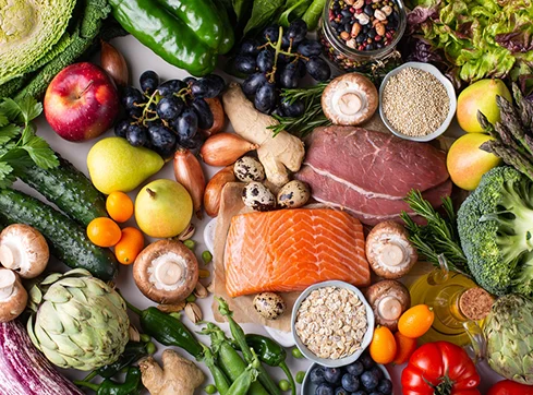 Food Ingredients, Food, Salmon, Fruit, Vegetables, Grains