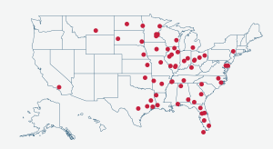 Map of Hawkins locations. 65 locations across the continental united states.