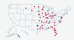 Map showing over 60 Hawkins Water Treatment facilities spread throughout the United States